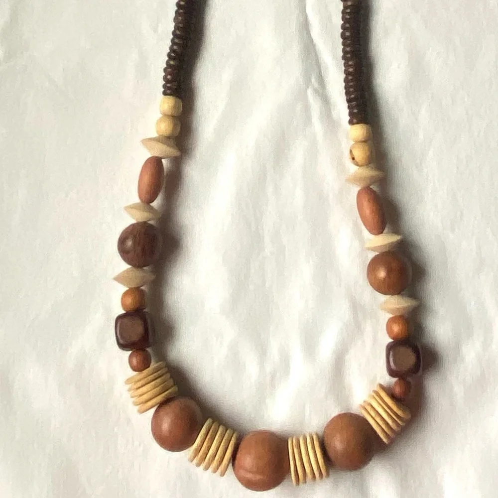 Statement Chunky Wood And Coconut Shell Bead Necklace Bohemian Tribal Brown
